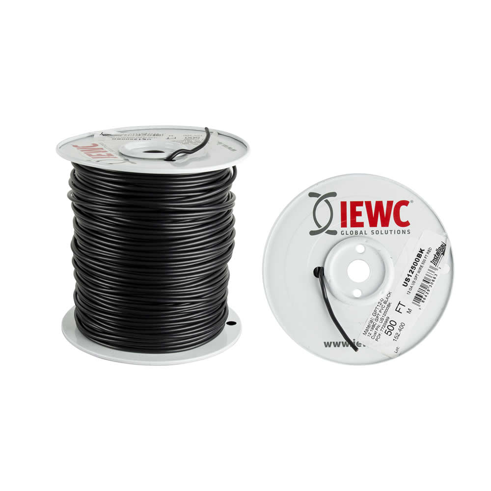 Install Bay 12 GA US GPT ALL COPPER PRIMARY WIRE BLACK - Coil of 500 FT - US12500BK
