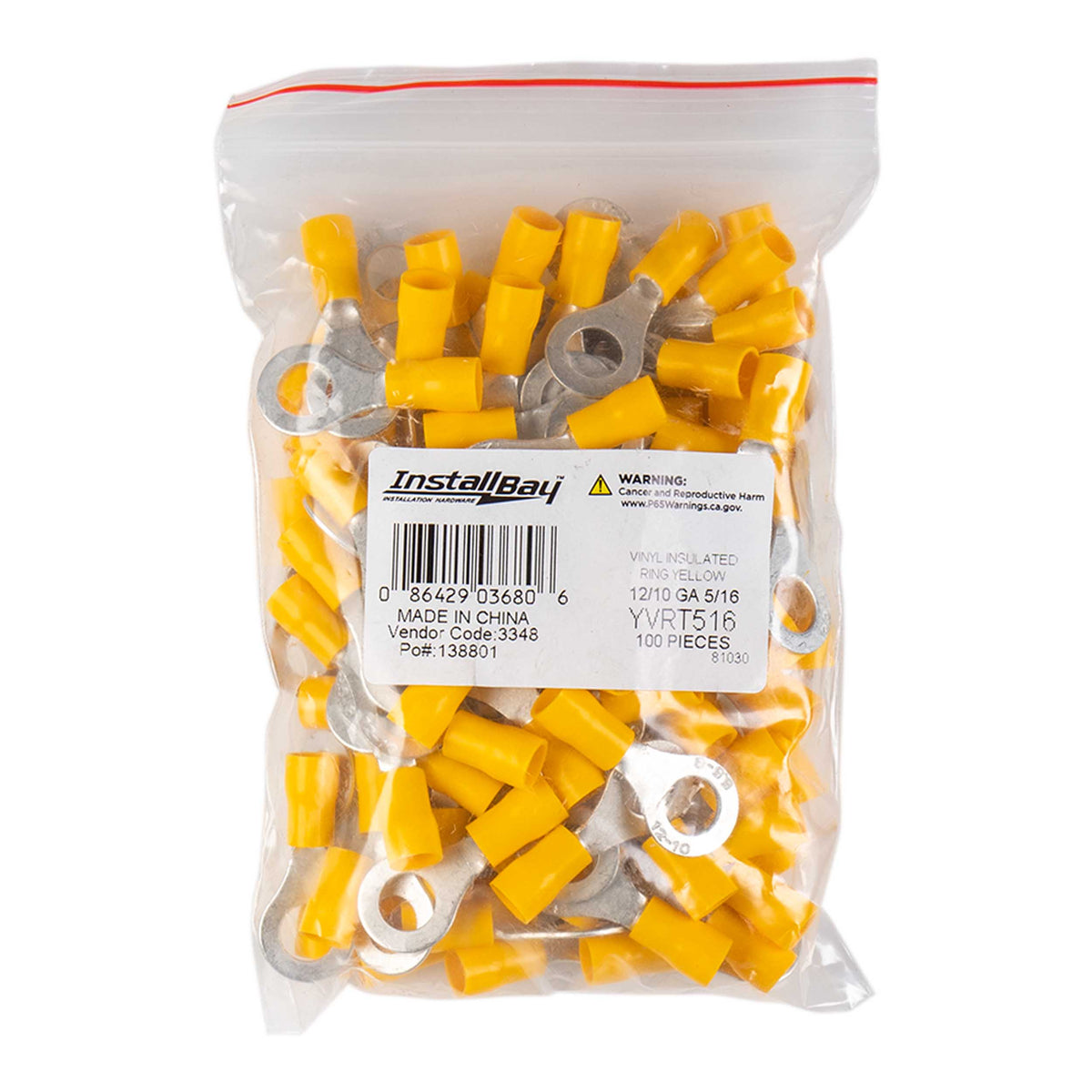 Install Bay Yellow Vinyl Ring Terminal 12-10 Gauge 5/16 in Pack of 100 - YVRT516