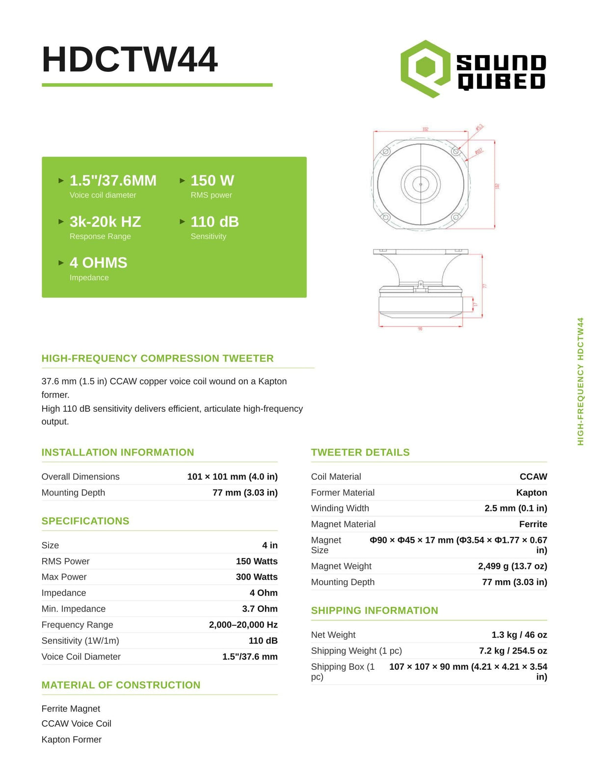 SoundQubed HDC 4" Compression Tweeter (Single) - spec sheet