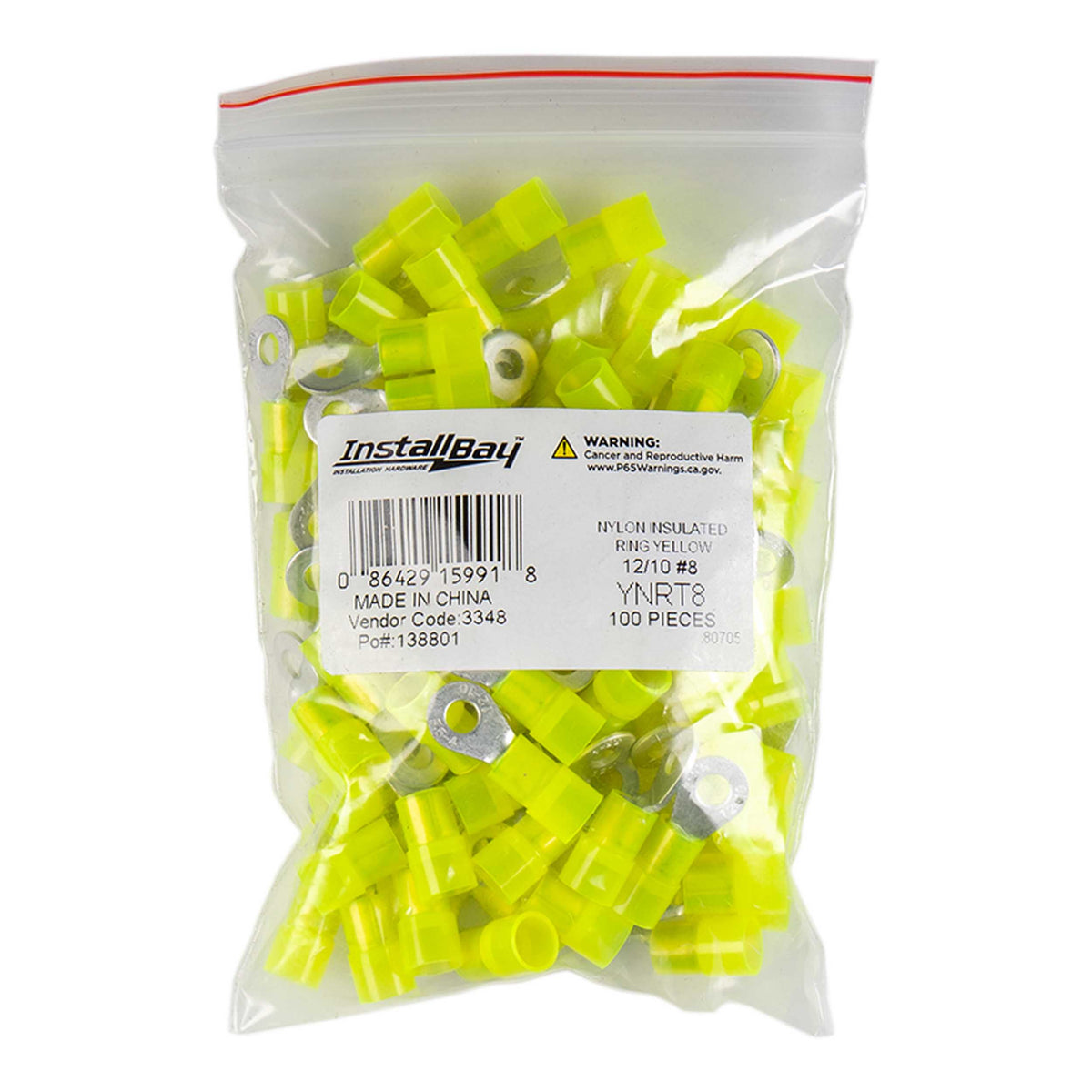Install Bay Yellow Nylon Ring Terminal 12-10 Gauge #8 - Package of 100 - YNRT8