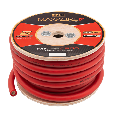 DB Link MK-PR0R50 : 50' 0 AWG Maxkore+ Premium Red, 100% OFC, TINNED Anti-Corrosive Power Wire Roll