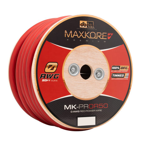 DB Link MK-PR0R50 : 50' 0 AWG Maxkore+ Premium Red, 100% OFC, TINNED Anti-Corrosive Power Wire Roll