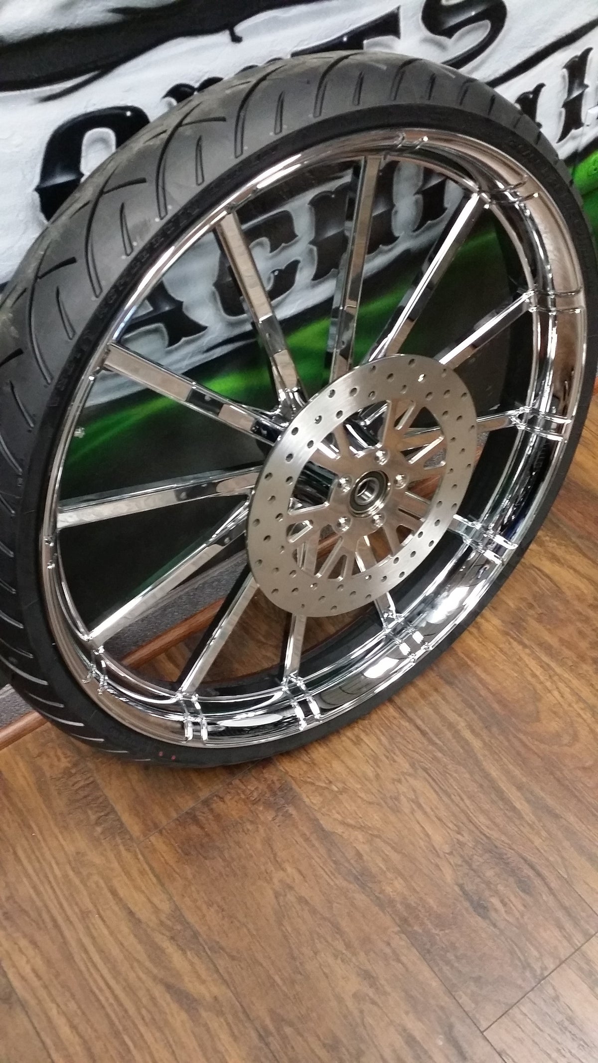 Centerfold rotor on motorcycle wheel