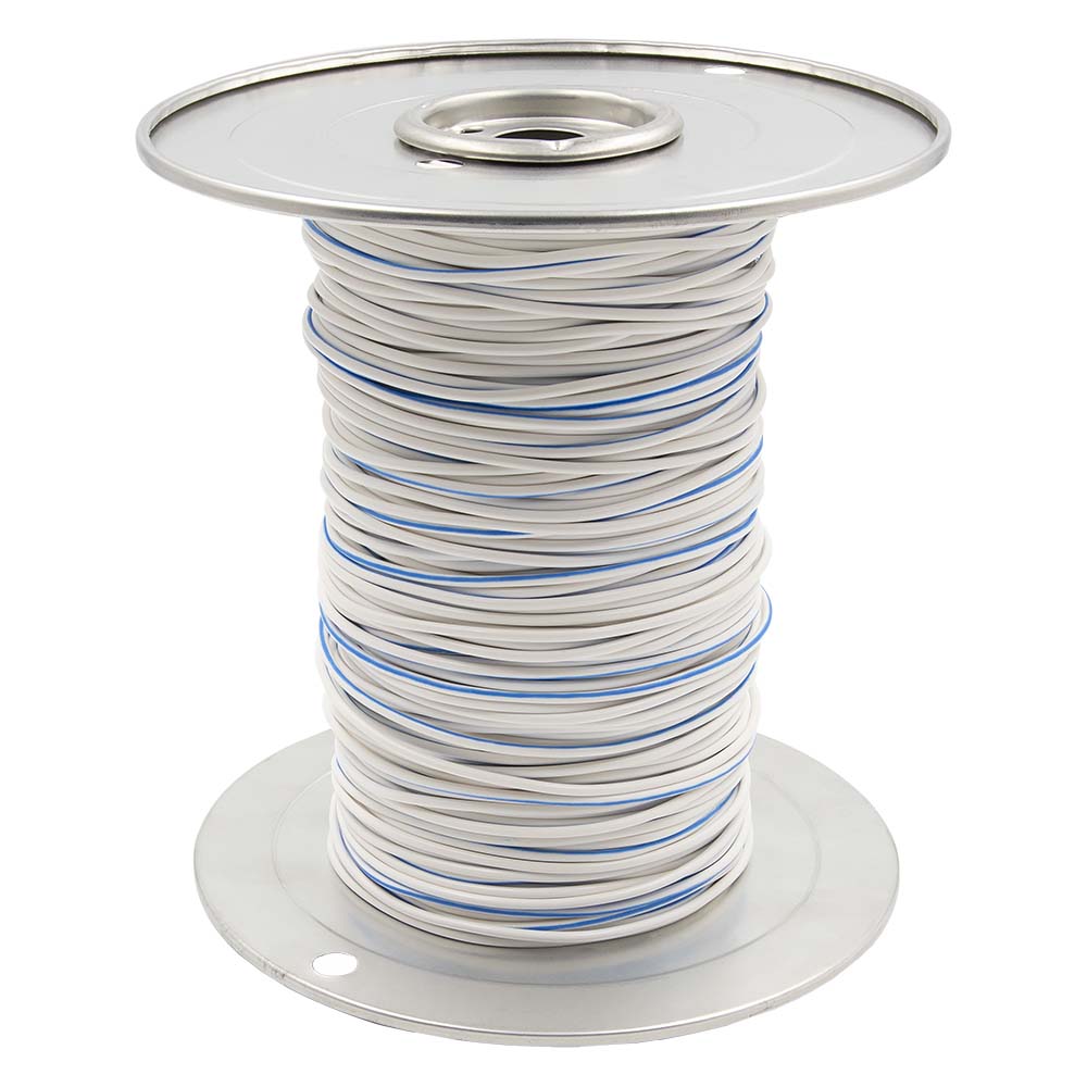 Install Bay 18 GA US GPT All Copper Primary Wire White w/Blue Trace - US18500WBL