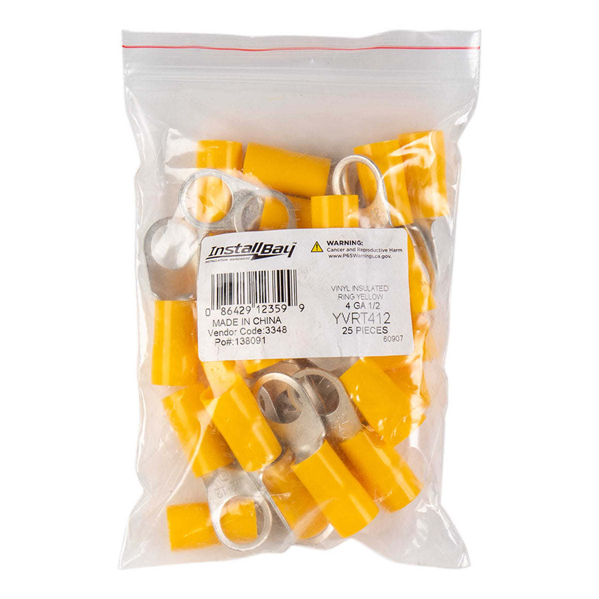 Install Bay Yellow Vinyl Ring Terminal 4 Gauge 1/2 inch - Package of 25 - YVRT412