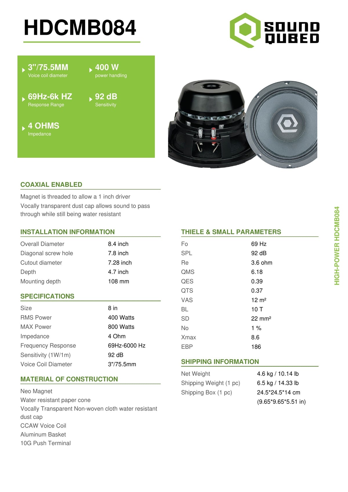 SoundQubed HDC 8" Midbass Speaker, 4 Ohm, 400W RMS / 800W Max - spec sheet